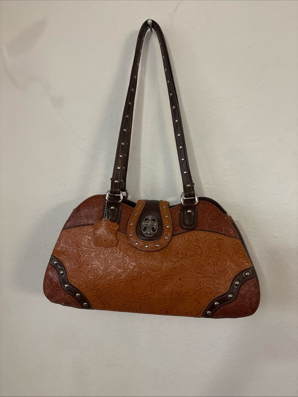 MC Marc Chantal Brown Leather Embossed Floral Purse Shoulder Bag Silver Western